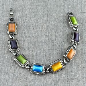 Vintage Premier Designs Silver-Tone Link Bracelet Multi Color Faux Moonstone 7"